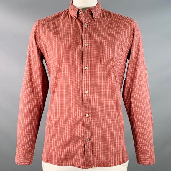 JOHN VARVATOS * U.S.A. Size L Red Grey Checkered Cotton Long Sleeve Shirt - Picture 1 of 9